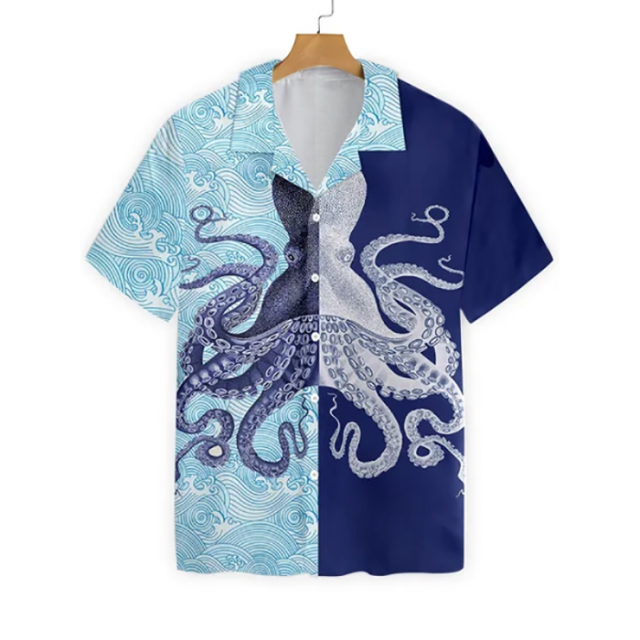 Sea Animal Shirt For Men Casual Hawaiian Shirt Shark Octopus Print Men's Shirt Beach Travel Top Oversized Short Sleeve Blouse 1