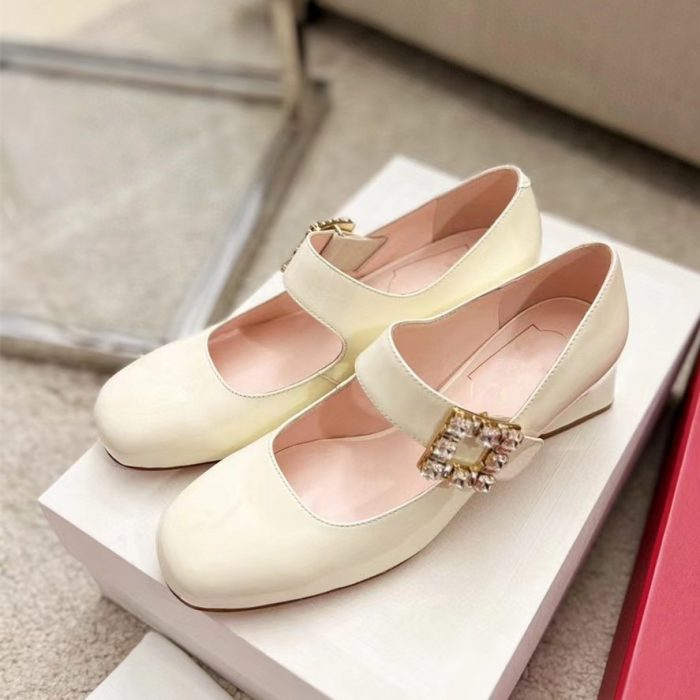 Luxury Designer Patent Leather Square Buckle Genuine Leather Shallow Cut High Heels Thick Heeled Women's Mary Jane Single Leathe 1