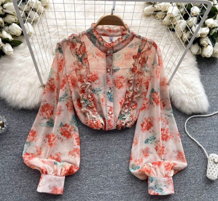 French Elegant Chic Ruffles Floral Print Chiffon O-Neck Women's Blouse Shirt Lantern Sleeve Pullover Blouses Spring Summer 2023