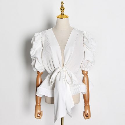 VGH Patchwork Ruffle Lace Up Bowknot Shirt For Women V Neck Puff Sleeve High Waist White Blouse Female 2022 Fashion New Stylish 2