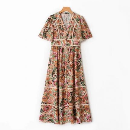 Women's Mid-Calf Dress Single Breasted Floral Print High Waist Tunic Ladies Deep V-Neck Short Sleeve Robes 2022 Spring 2