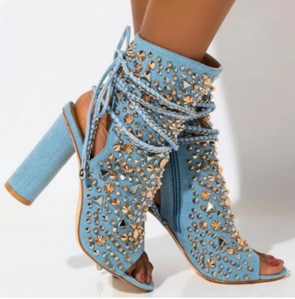 European Denim Rivet Cross Strap Sexy Boots