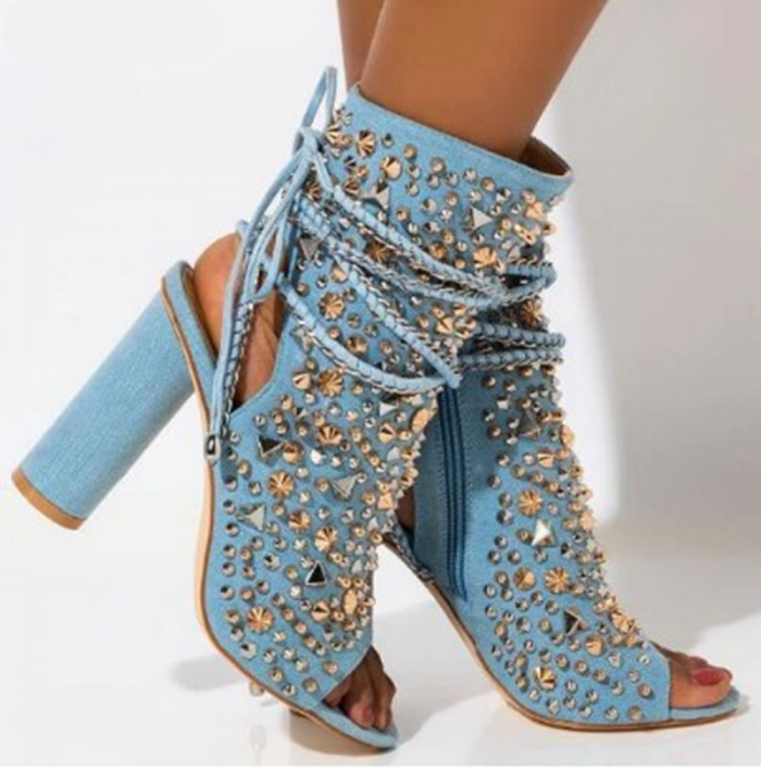 European Denim Rivet Cross Strap Sexy Boots