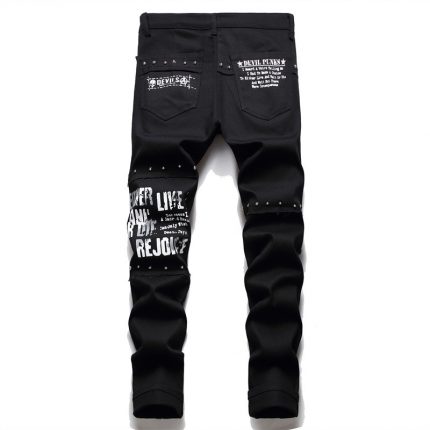 Men's Scotland Red Plaid Tartan Patchwork Jeans Punk Rivet Patch Black Denim Pants Skull Letters Printed Slim Straight Trousers 2