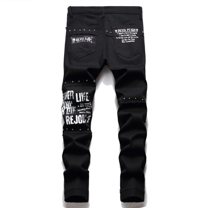 Men's Scotland Red Plaid Tartan Patchwork Jeans Punk Rivet Patch Black Denim Pants Skull Letters Printed Slim Straight Trousers 2