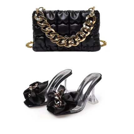 2022 New Style Designer Luxury Ladies Slippers Shoes Bag Set High Quality Women Pumps Chain Sandals Shoes Purse Set Black Heels 2
