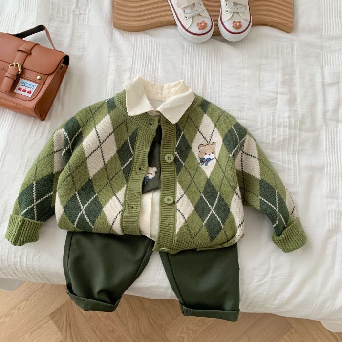 Korean 3Pcs School Girls Clothes 2023 Spring Baby Sweater Cardigan+Pleated skirt+Shirt+Pants Boys Preppy Clothes Kids Outfit 5