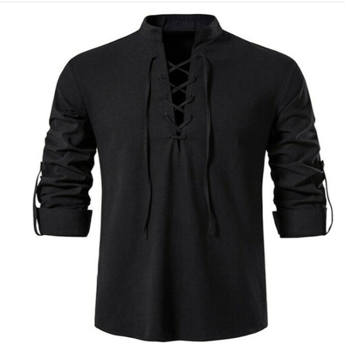 Mens Scottish Jacobite Ghillie Kilt Shirts Medieval Renaissance Pirate Costume Long Sleeve Lace Up Henley Shirt Men Camisas XXL 4