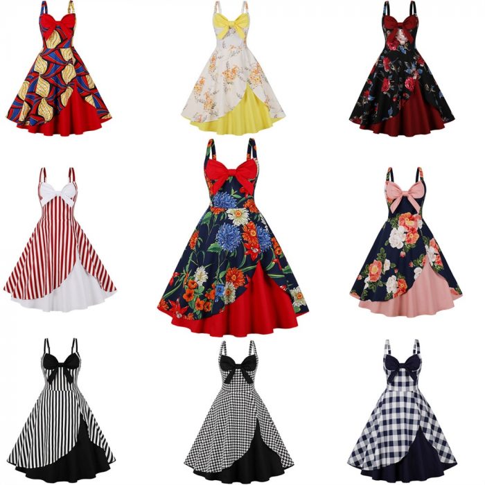 Women Vintage Pattern Print Dress Retro Rockabilly Strap Suspenders Cocktail Party 1950s 40s Swing Dress Summer Dress Sleeveless 1