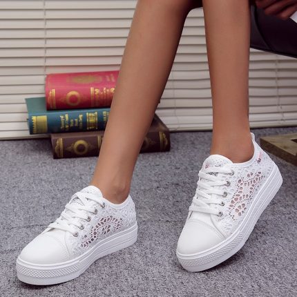 Women Shoes 2021 Fashion Summer Casual White Shoes Cutouts Lace Canvas Hollow Breathable Platform Flat Shoes Woman Sneakers 2