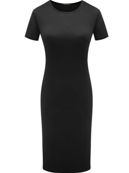 Women Short Sleeve Skinny Round Neck Slim Pencil Dresses Modest Elegant Bodycon Solid Dress Elastic Mujer Vestidos 1