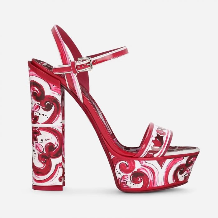 Maiolica-print Leather Thick Platform Slingback Sandals Women Peep Toe Buckle Strap Sexy 14cm Square High Heels Banquet Shoes 1