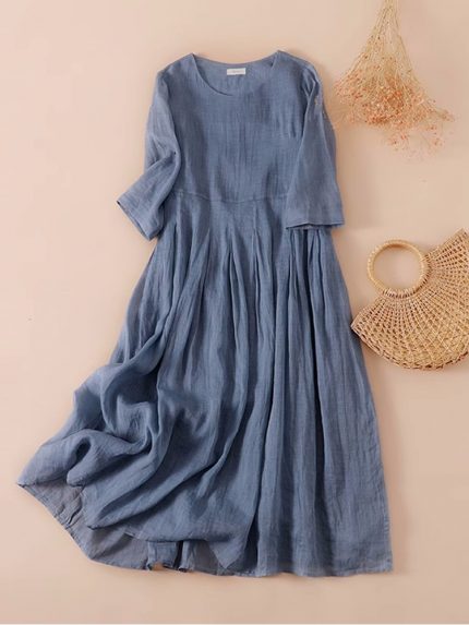 Cotton Blend Literature Chic Women Dresses 2023 New O-Neck Half Sleeve Patchwork Summer Thin Solid Retro Sundress Robe Femme 1