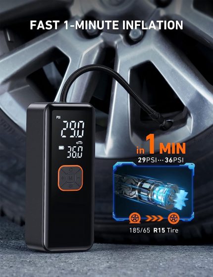Tire Inflator Portable Air Compressor, Cordless Car Tire  with 6600 mAh Battery & DC Cord, 150PSI Bike  with Dual Values Dis 2