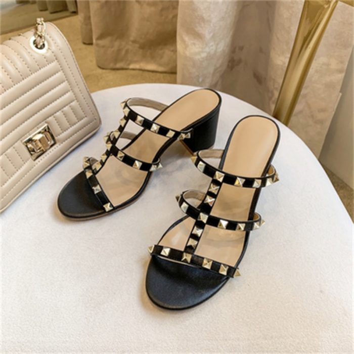 New Design Summer Pointed Toe Slippers Luxury Metal Rivet High Heels Fashion Leather Pumps Party Banquet Women Shoes Sexy Sandal 1