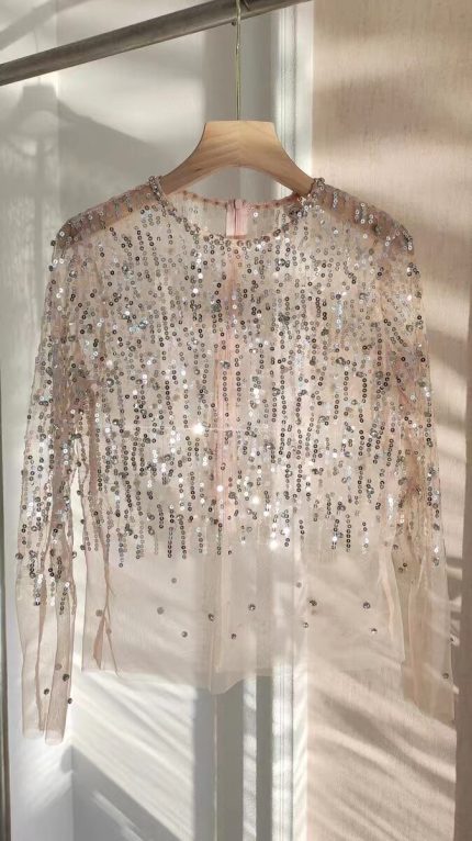 Women Fairy Sequined Blouse Tops See-through Sexy Mesh Blusas Shirt Long Sleeve Pearls Beading Women Tuxedo Blouses Large 2