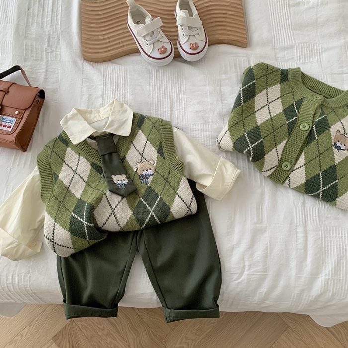 Korean 3Pcs School Girls Clothes 2023 Spring Baby Sweater Cardigan+Pleated skirt+Shirt+Pants Boys Preppy Clothes Kids Outfit 4