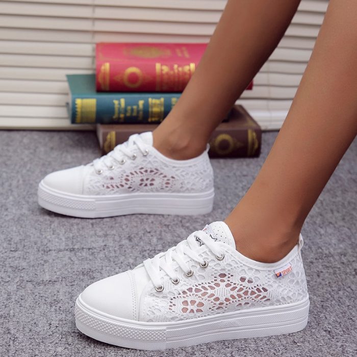 Women Shoes 2021 Fashion Summer Casual White Shoes Cutouts Lace Canvas Hollow Breathable Platform Flat Shoes Woman Sneakers 1