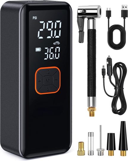 Tire Inflator Portable Air Compressor, Cordless Car Tire  with 6600 mAh Battery & DC Cord, 150PSI Bike  with Dual Values Dis 1