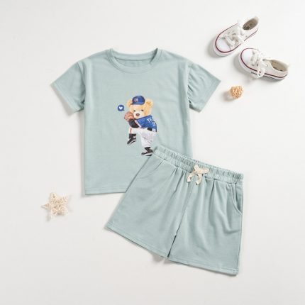 Summer Children Sets Cartoon Bear Printed T-shirt + Drawstring Solid Shorts 2pcs for Boys Girls Children Tracksuits Causal Suits 2