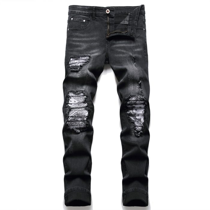 Men Paisley Bandana Print Patch Jeans Streetwear Patchwork Holes Ripped Stretch Denim Pants Slim Straight Biker Trousers 1