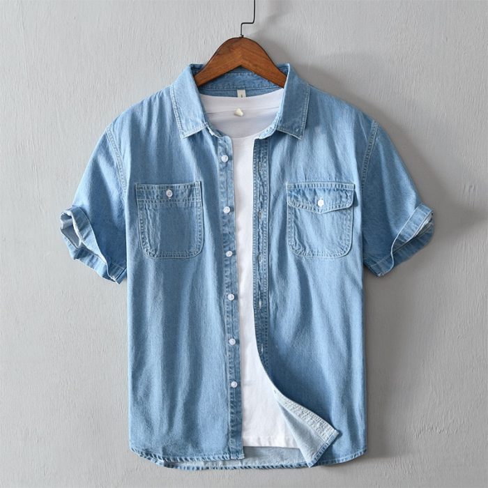 Casual Denim Shirt for Men Summer Short Sleeve Turn-down Collar Jean Tops Male Pure Cotton Cowboy Vintage Korean Clothes 1