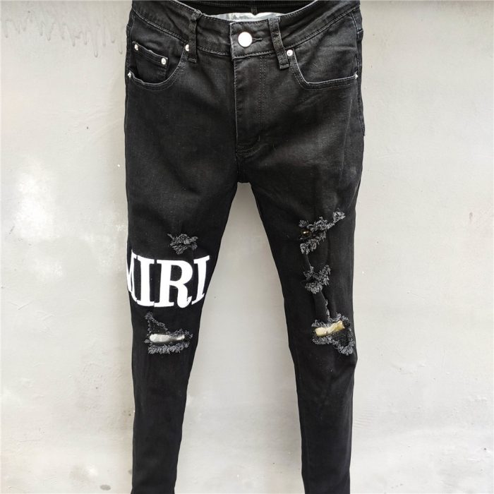 High Street Embroider Letter Jeans Men Fashion Designer Ripped Hole Slim Fit Jeans Trousers Hip Hop Dance Party Black Jeans Men 1