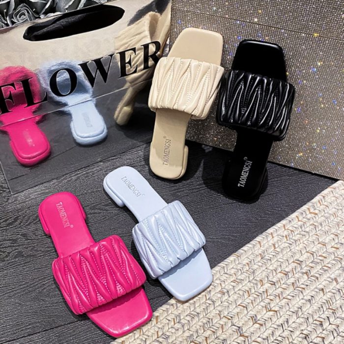 Square Toe Rubber Slippers Flat Sandals Women Summer 2023 Elegant Slides Designer Ladies Shoes Leather Flip Flops Girl Flipper 1