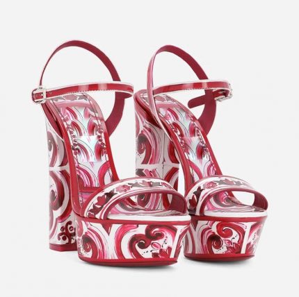 Maiolica-print Leather Thick Platform Slingback Sandals Women Peep Toe Buckle Strap Sexy 14cm Square High Heels Banquet Shoes 2