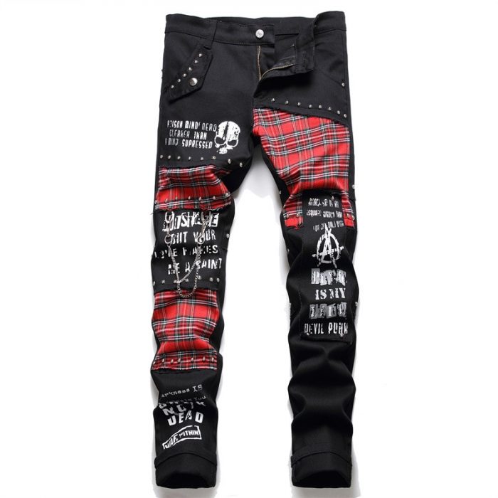 Men's Scotland Red Plaid Tartan Patchwork Jeans Punk Rivet Patch Black Denim Pants Skull Letters Printed Slim Straight Trousers 1