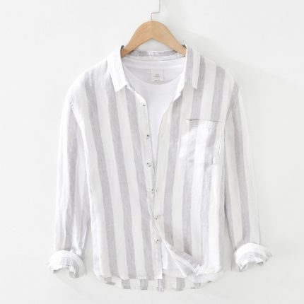 Pure Linen Long Sleeve Striped Patchwork Shirt for Men Turn Down Collar Casual Classical Tops Male Oversized Button Up Shirt 2