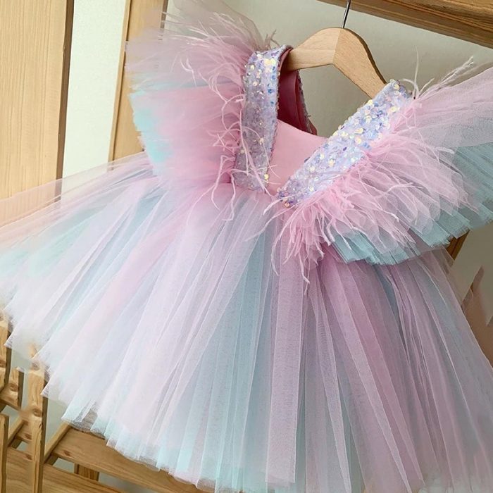 Princess Girls Fly Sleeve Feather Dress for Teenager Wedding Dress Ruffles Sleeve Tiered Rainbow Vesitido Clothing 1