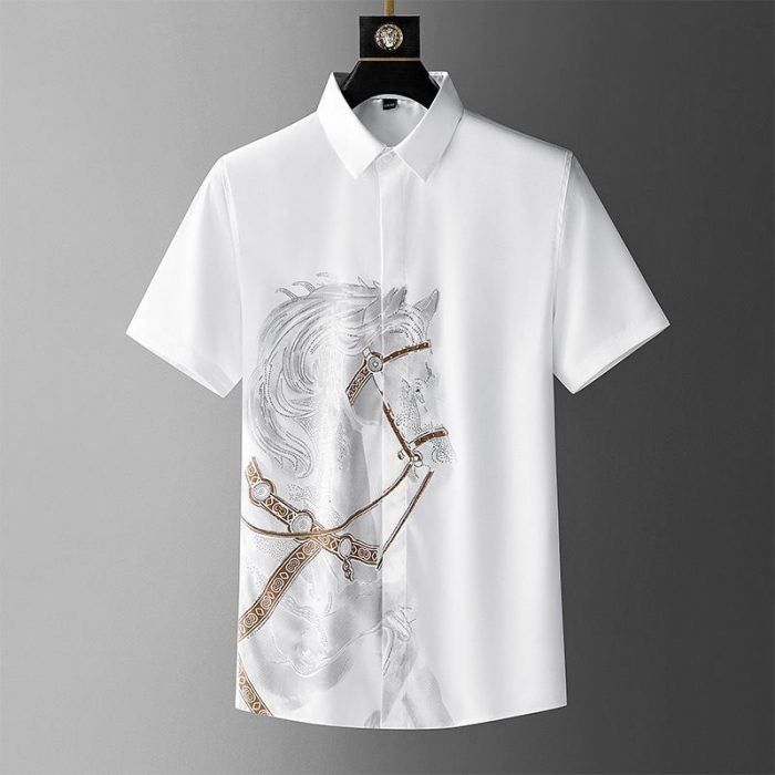 High end European fashion horse head diamond shirt men's short sleeve summer fashion men's half sleeve luxury casual shirt men 1