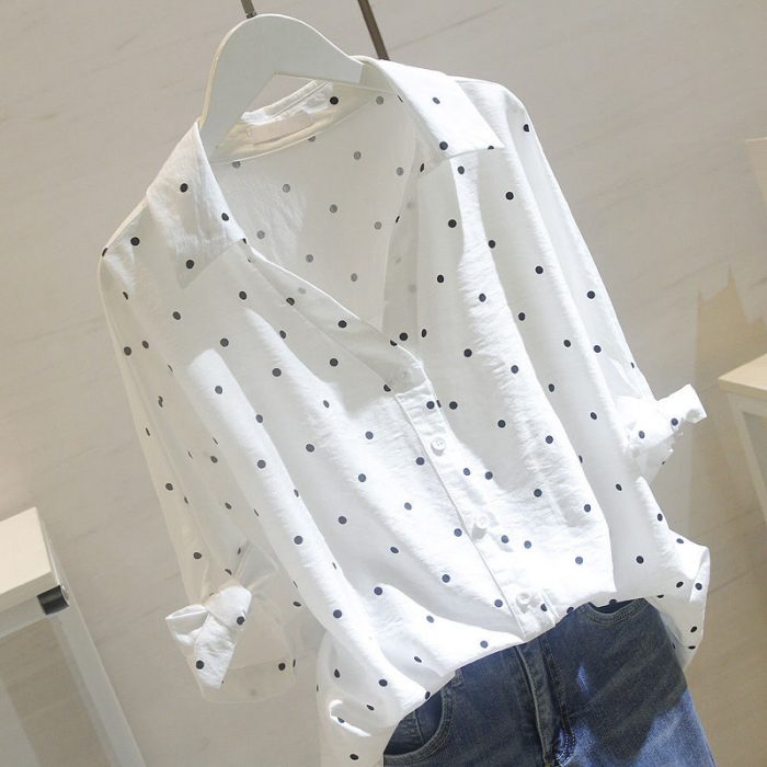 White Linen Blouse Shirt Fashion Women Tops and Blouses 2023 Fall Female Shirt Polka Dot OL Women Blusas 5XL 1