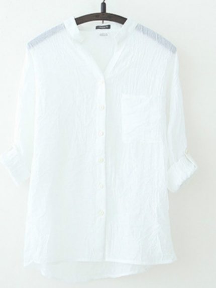 Casual Loose Womens Tops and Blouses Harajuku Plus Size Top White Blouse Shirt Sun Protection Cotton Linen V Neck  Shirts Blusas 1