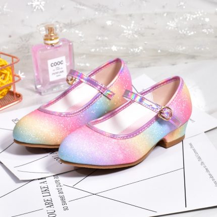 zapatos niña Girl Shoes Leather Shoes 23 Rainbow Color Shoes for Women Sequins High Heels Shoes Colorful Crystal Kid Shoes туфли 2