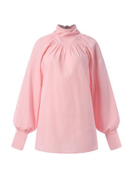 Celmia Elegant Pink Blouse Women Fashion 2023 Bow Stand Collar Party Shirt Autumn Puff Long Sleeve Pleated White Tops Blusas