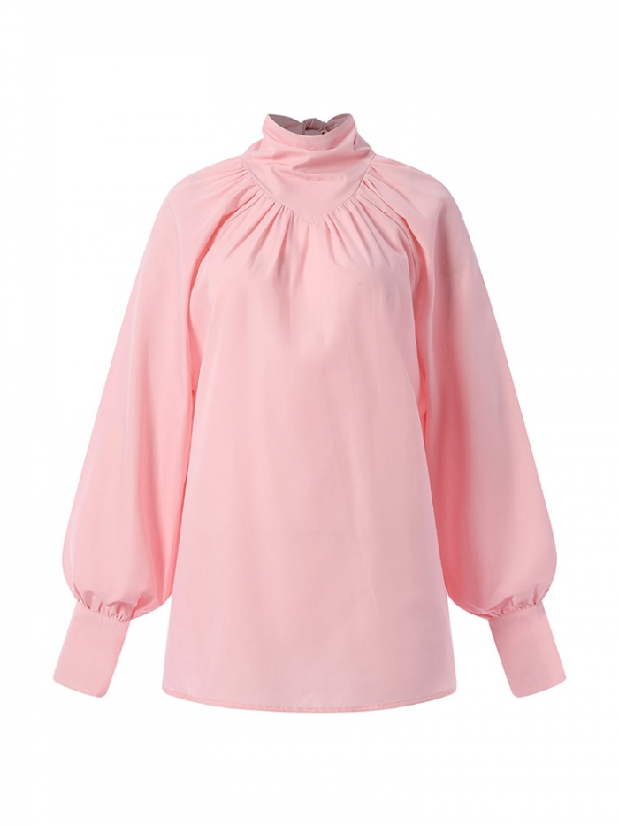 Celmia Elegant Pink Blouse Women Fashion 2023 Bow Stand Collar Party Shirt Autumn Puff Long Sleeve Pleated White Tops Blusas