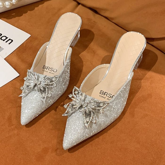 New Brand Design Women Slipper Closed Toe Slip on Mules Shoes Woman Pointed Toe Bow Knot High Heels Casual Slides Plus Size 1