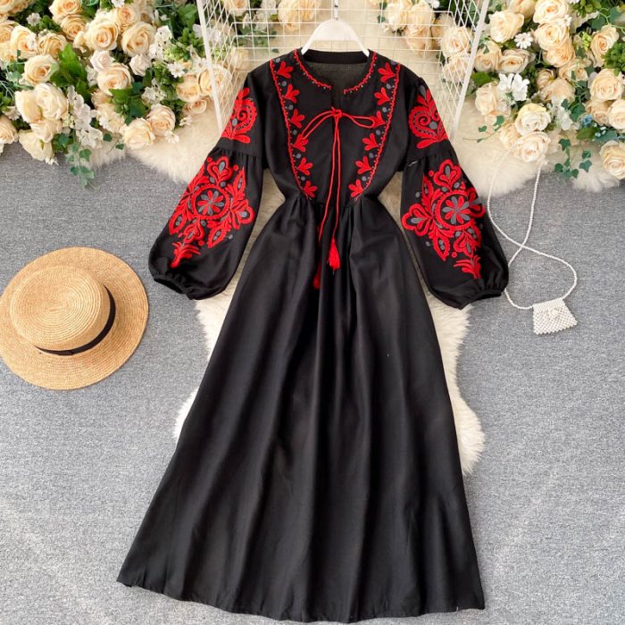 Women Spring Autumn High Waist Pleated Dress All-match Dresses Bohemian Embroidered Flower O-Neck Lantern Sleeve Dresses 1