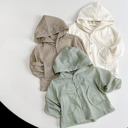RiniLucia 2023 New Casual Baby Girl Boy Jacket Summer Thin Solid Button Hooded Coat Baby Sun Protection Kids Clothes Outwear 2
