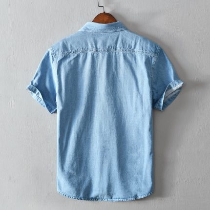 Casual Denim Shirt for Men Summer Short Sleeve Turn-down Collar Jean Tops Male Pure Cotton Cowboy Vintage Korean Clothes 2