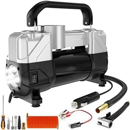 Tire Inflator Air Compressor, 150PSI 12V DC Double Cylinders Heavy Duty Portable Air w/Emergency LED Light for Truck, SUV, Car, 1