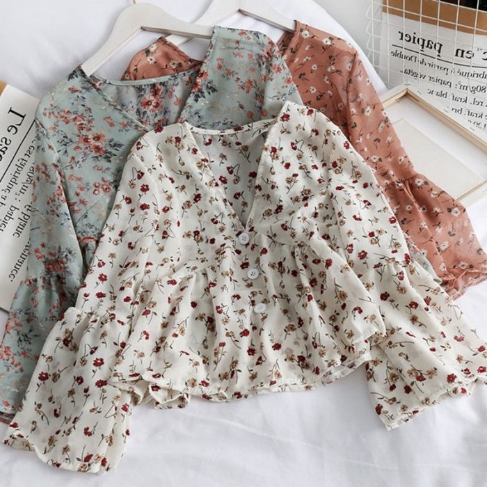 Chiffon Floral Blouses For WomenSoft Retro Chic Ladies Shirts Temperament Fresh Popular Trendy Ulzzang Button Femme Clothing 1