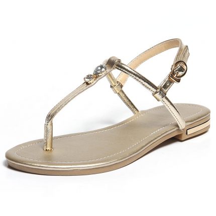 FOREADA Women Shoes Summer Sandals Genuine Leather Crystal Flat Shoes Buckle Open Toe T-Strap Sandals Ladies Gold Plus Size 3-12 1