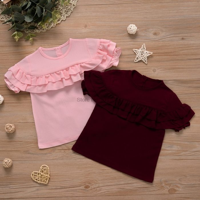 DHL 100pcs Newborn Baby Girls Short Sleeve Pullover Ruffle Solid Blouse Clothes Boho Shirt Tops 1