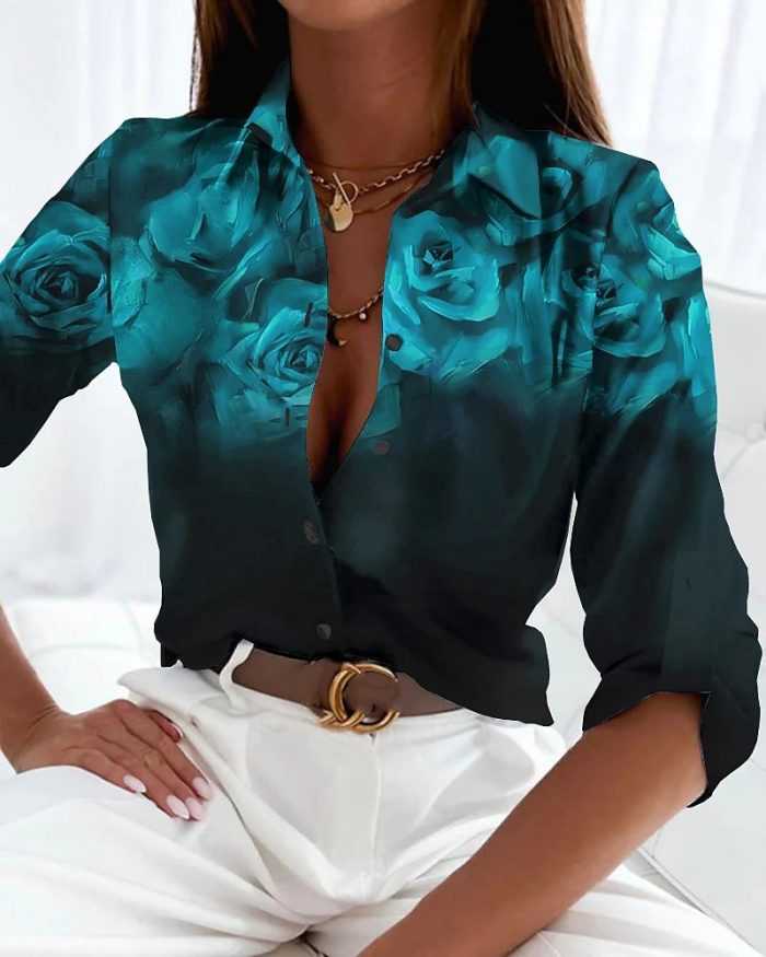 2023 Spring Fashionable Casual Long Sleeve Sexy V-neck Tops Flower Printing Button Shirt Women's Retro Elegant Loose Blouses 5