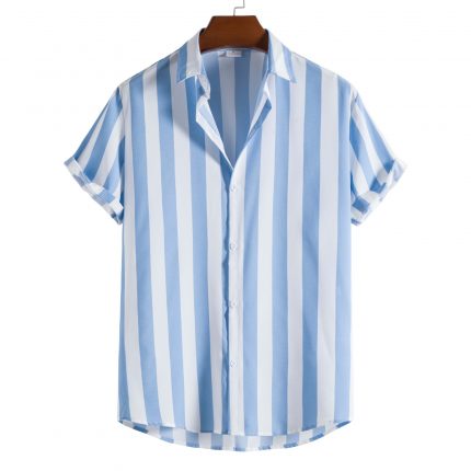 2022 Men's Shirts Casual Striped Shirts Summer Short Sleeve Blouse T-Shirt Men Loose Tops Fashion Turn-down Collar Print Shirts 2