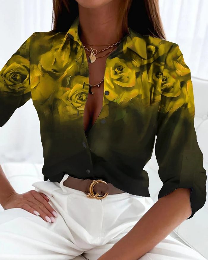 2023 Spring Fashionable Casual Long Sleeve Sexy V-neck Tops Flower Printing Button Shirt Women's Retro Elegant Loose Blouses 6