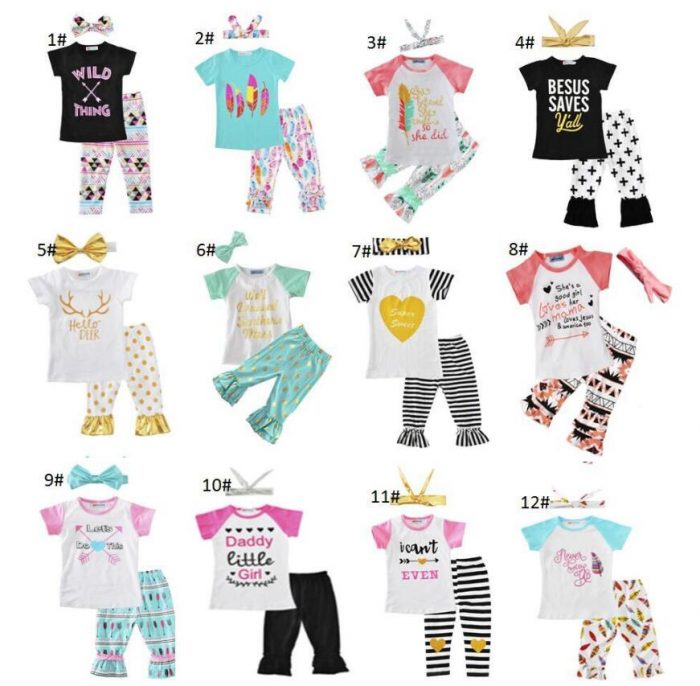 Girls Childrens Clothing Summer Short Sleeve tshirts+Pants+Headwear 3 Piece Set Letters Arrow Bohemia Kids Clothes Suits Boutiqu 1